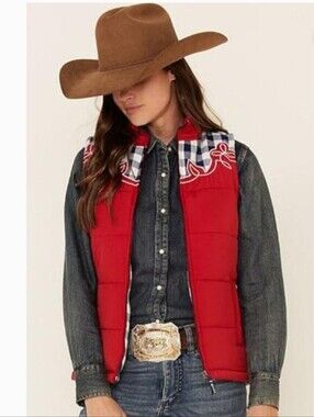 NWT Cruel Embroidered Western Red Puffer Vest Size S